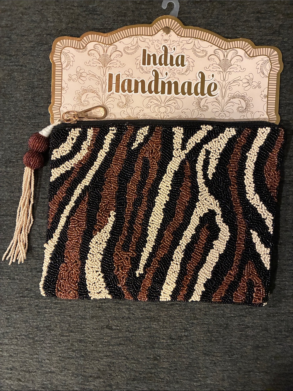 Large Beaded Zebra-Print Clutch in Black, Brown & Cream